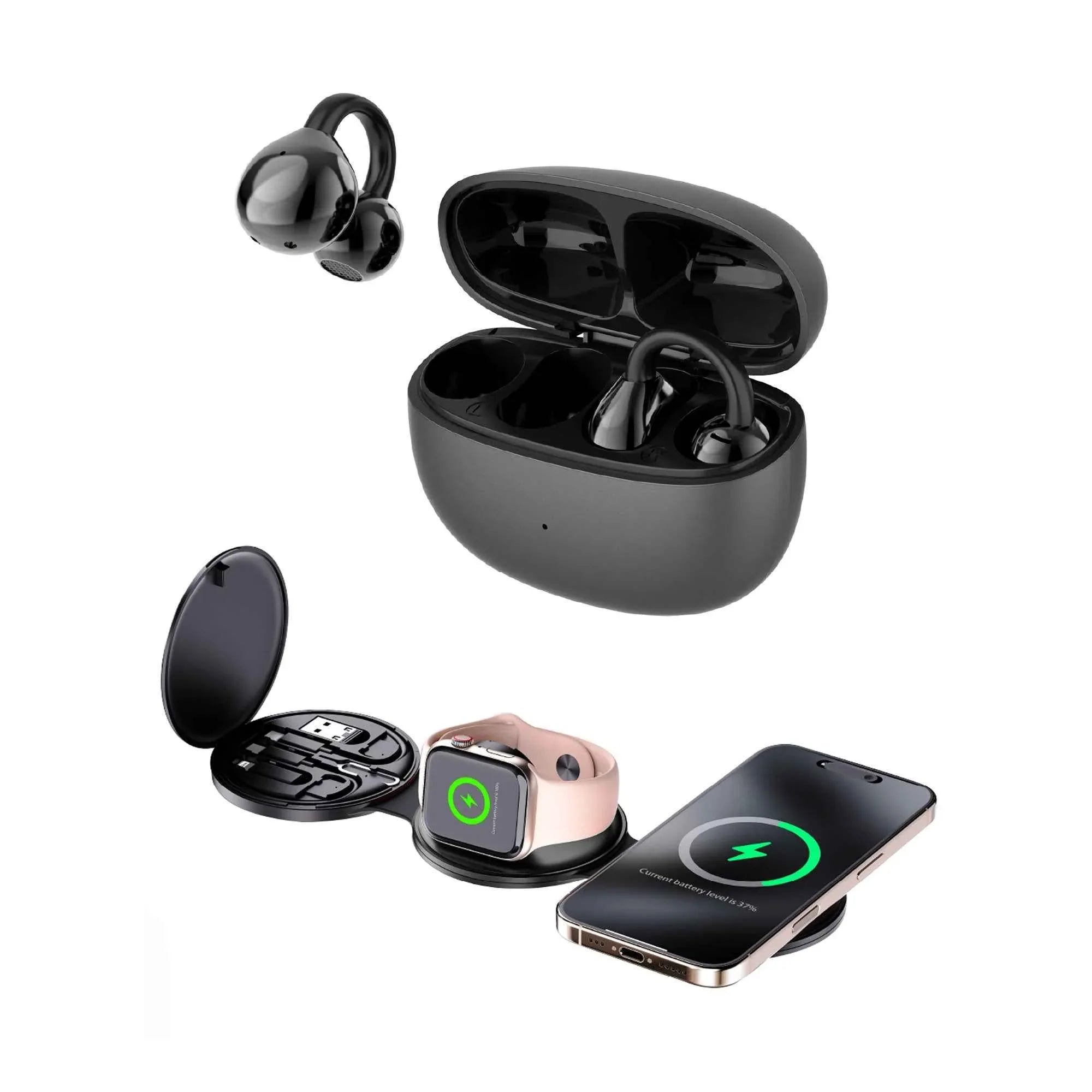 Power & Sound Essentials Bundle – 5-in-1 Folding Wireless Charging Station + True Wireless Earbuds - Dattebayo Online Store 