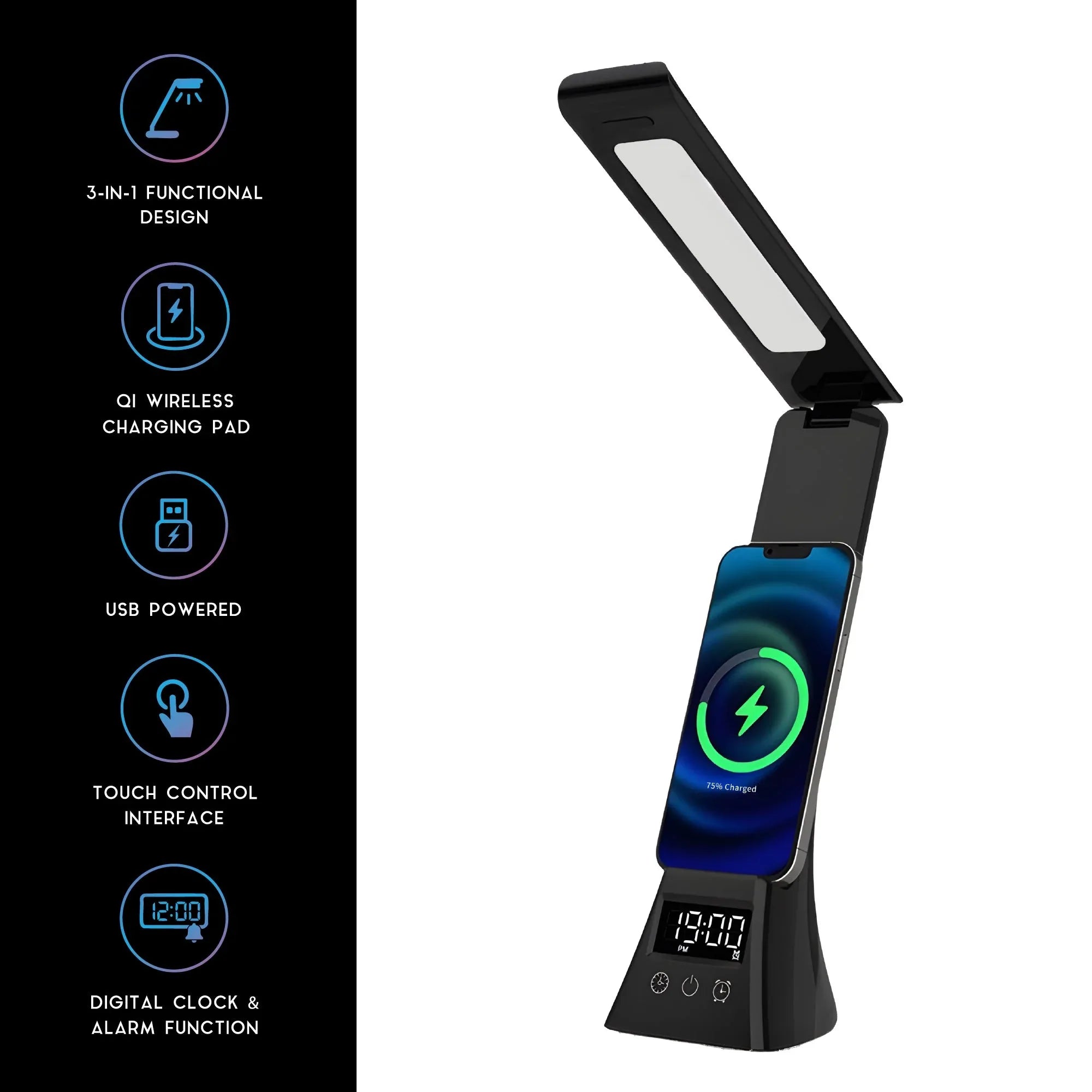 Pursonic 3-in-1 LED Desk Lamp with Wireless Charger and Alarm Clock – Sleek, Smart, and Space-Saving - Dattebayo Online Store 