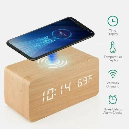 Wooden Digital Alarm Clock with Wireless Phone Charging Pad - Dattebayo Online Store 