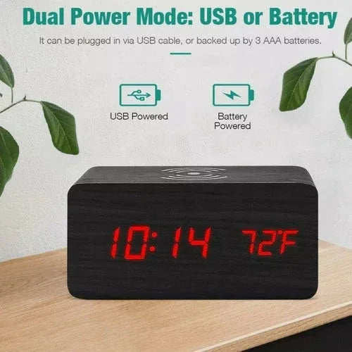 Wooden Digital Alarm Clock with Wireless Phone Charging Pad - Dattebayo Online Store 