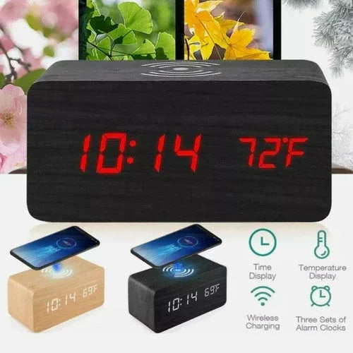 Wooden Digital Alarm Clock with Wireless Phone Charging Pad - Dattebayo Online Store 